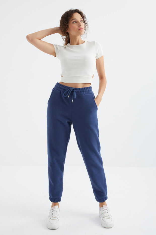 İndigo Yüksek Bel Basic Bağcıklı Jogger Polar Kadın Eşofman Alt - 94622 - 5