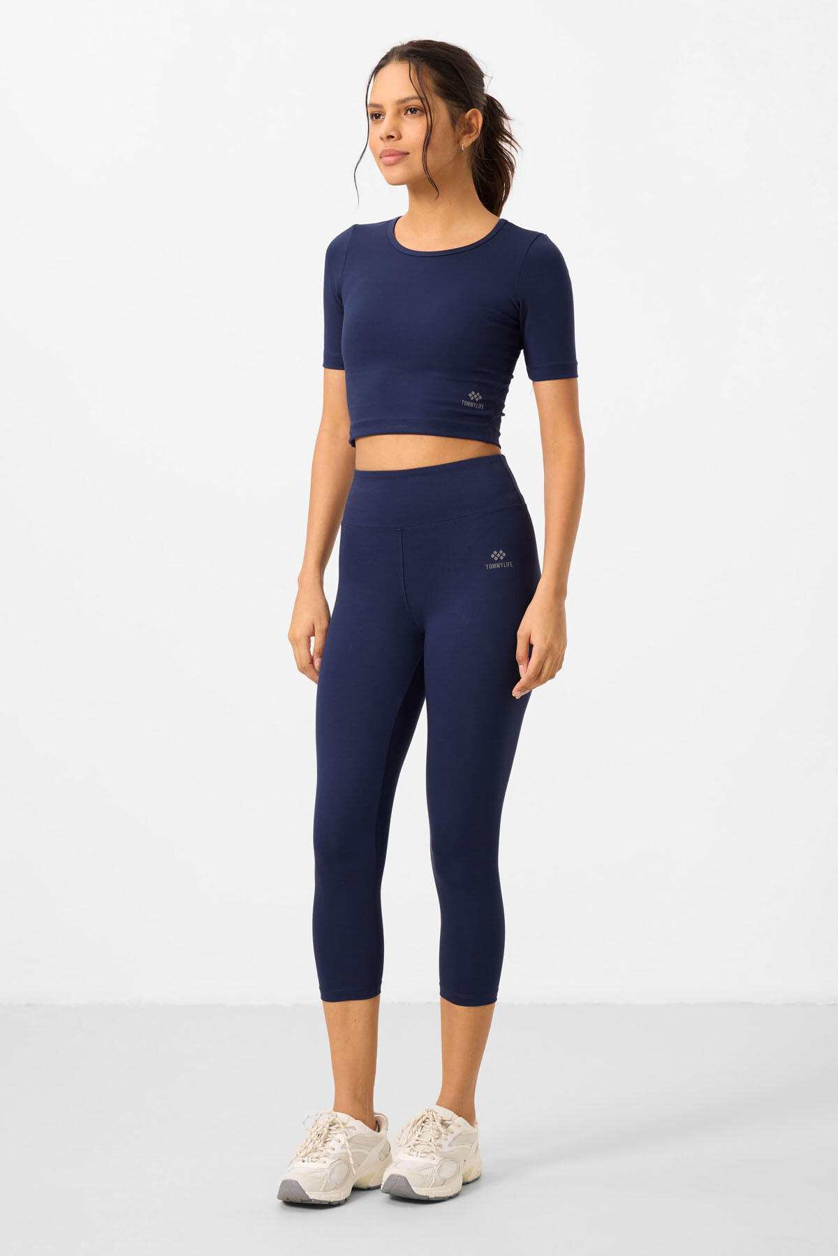 İndigo Yüksek Bel Kapri-Crop T-Shirt Slim Fit Kadın Tayt Takım - 95285 - TOMMYLIFE