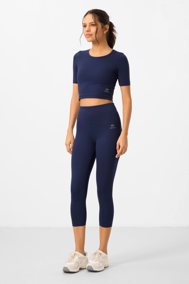 İndigo Yüksek Bel Kapri-Crop T-Shirt Slim Fit Kadın Tayt Takım - 95285 - 1