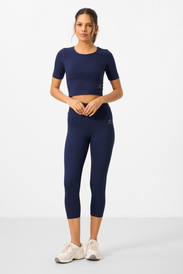 İndigo Yüksek Bel Kapri-Crop T-Shirt Slim Fit Kadın Tayt Takım - 95285 - 3