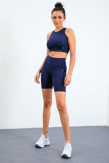 İndigo Yüksek Bel Toparlayıcı Dar Kalıp Crop Biker Kadın Tayt Takım - 95302 - TOMMYLIFE (1)