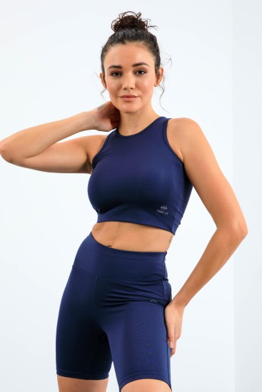 İndigo Yüksek Bel Toparlayıcı Dar Kalıp Crop Biker Kadın Tayt Takım - 95302 
