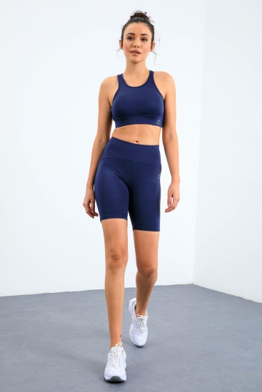 İndigo Yüksek Bel Toparlayıcı Slim Fit Büstiyer Biker Kadın Tayt Takım - 95303 - TOMMYLIFE (1)