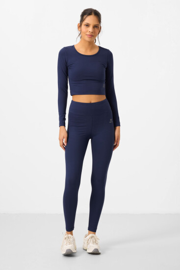 İndigo Yüksek Bel Uzun Kollu Slim Fit Crop Top Kadın Tayt Takım - 95286 