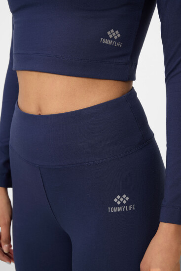 İndigo Yüksek Bel Uzun Kollu Slim Fit Crop Top Kadın Tayt Takım - 95286 - TOMMYLIFE (1)