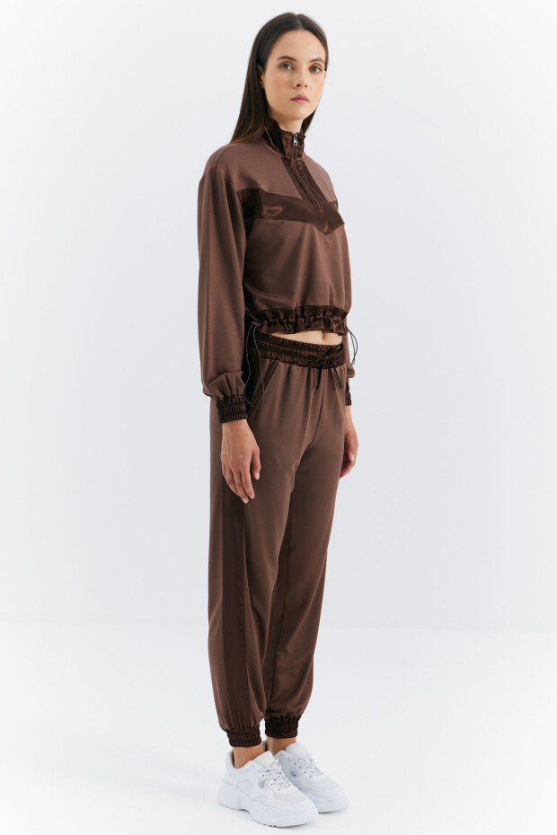Kahverengi- Kahverengi Dik Yaka Yarım Fermuarlı Şerit Detaylı Kadın Eşofman Takım - 02387
