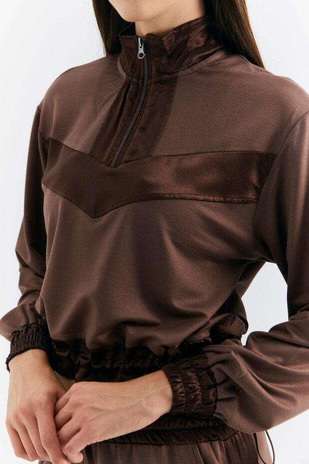 Kahverengi- Kahverengi Dik Yaka Yarım Fermuarlı Şerit Detaylı Kadın Eşofman Takım - 02387
