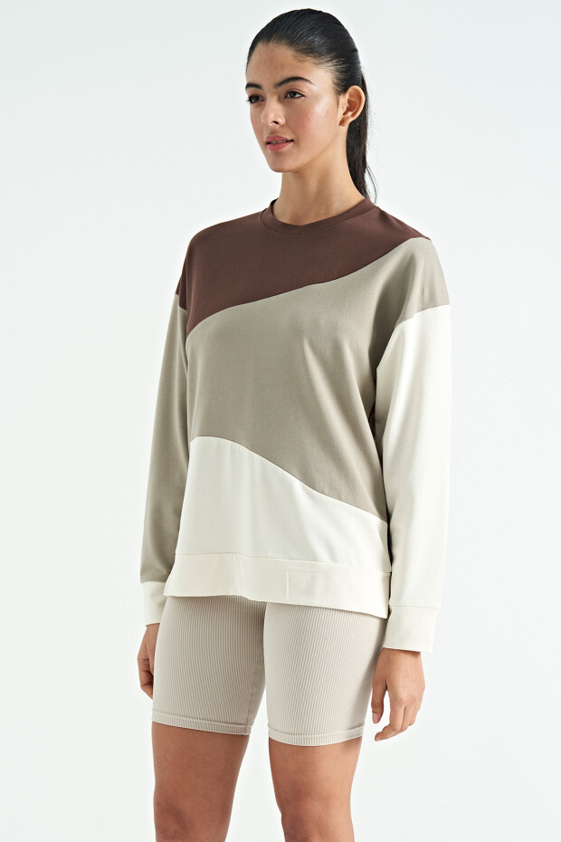 Kahverengi Çok Renkli Oversize Basic Kadın Sweatshirt - 02278