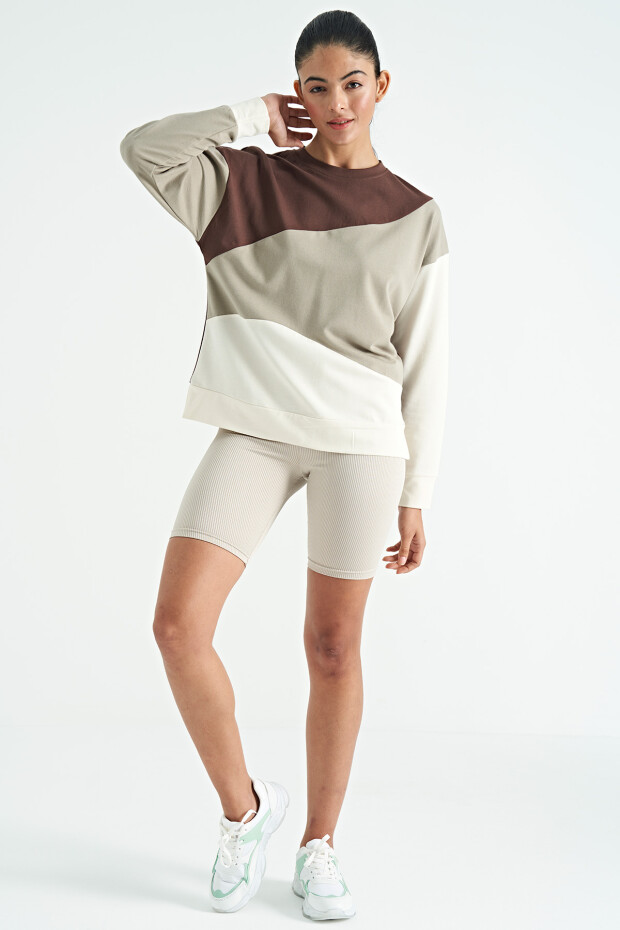 Kahverengi Çok Renkli Oversize Basic Kadın Sweatshirt - 02278