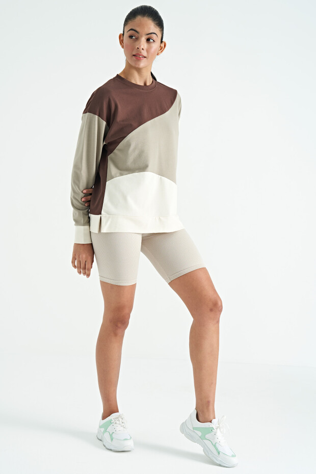 Kahverengi Çok Renkli Oversize Basic Kadın Sweatshirt - 02278