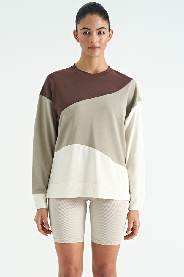 Kahverengi Çok Renkli Oversize Basic Kadın Sweatshirt - 02278