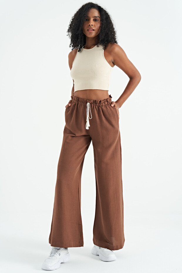 Kahverengi İp Kemer Detaylı Rahat Kalıp Geniş Paça Kadın Pantolon - 02195