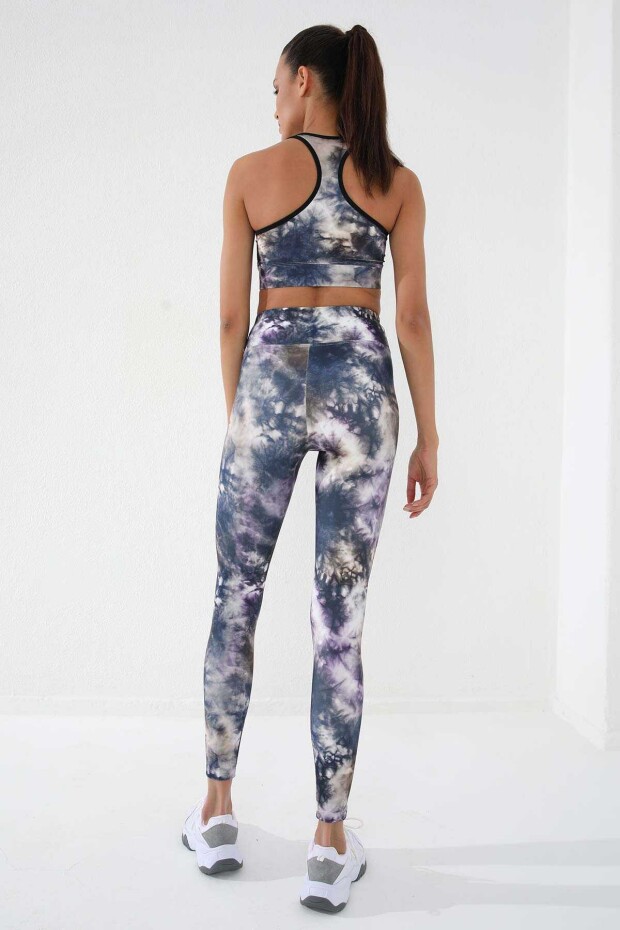Kahverengi Karışık Batik Desenli Slim Fit V Yaka Kadın Tayt Takım - 95291