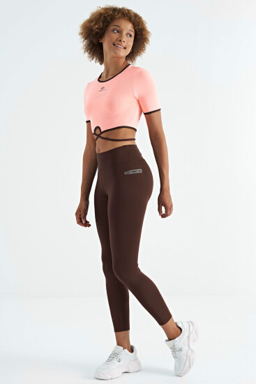 Kahverengi Logo Baskı Detaylı Yüksek Bel Dalgıç Kumaş Slim Fit Kadın Tayt - 94627 - Thumbnail
