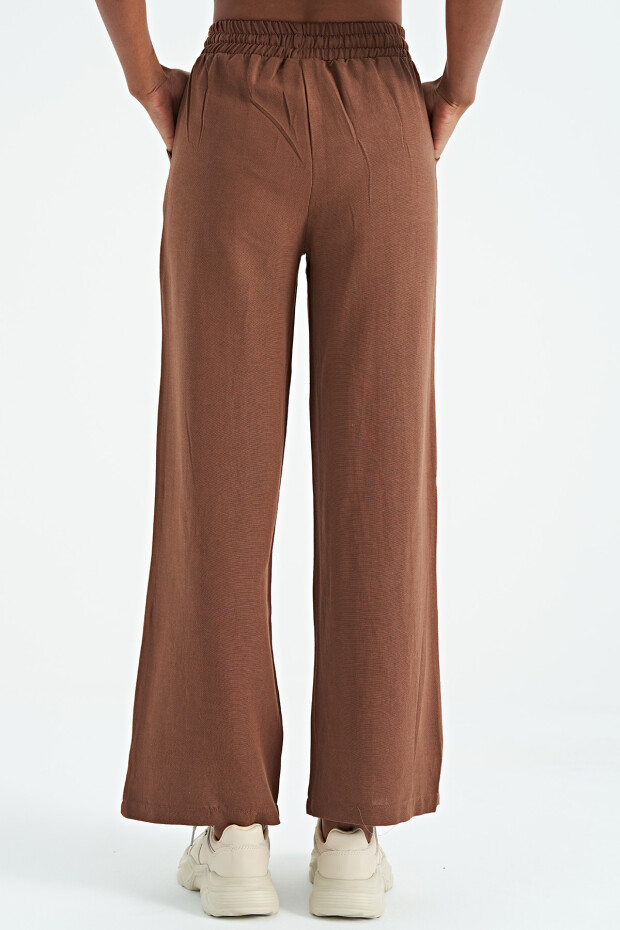 Kahverengi Nakış İşlemeli Rahat Kalıp Bol Paça Kadın Pantolon - 02288