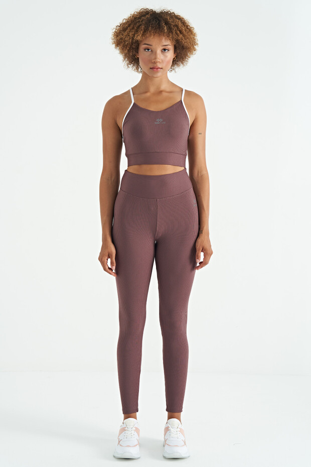 Kahverengi Sırt Çapraz Detaylı Logo Baskılı Dar Kalıp Fitilli Kadın Büstiyer - 97274 - 3