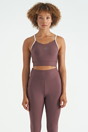 Kahverengi Sırt Çapraz Detaylı Logo Baskılı Dar Kalıp Fitilli Kadın Büstiyer - 97274 - TOMMYLIFE