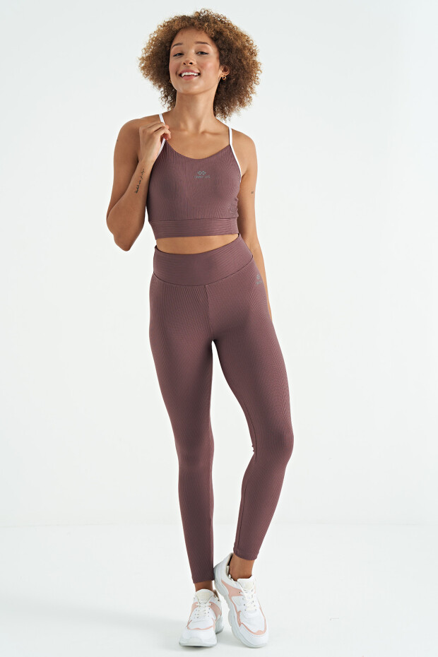 Kahverengi Sırt Çapraz Detaylı Logo Baskılı Dar Kalıp Fitilli Kadın Büstiyer - 97274 - 6