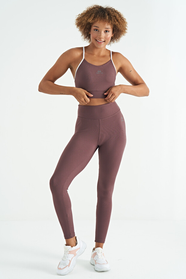 Kahverengi Sırt Çapraz Detaylı Logo Baskılı Dar Kalıp Fitilli Kadın Büstiyer - 97274 - 7