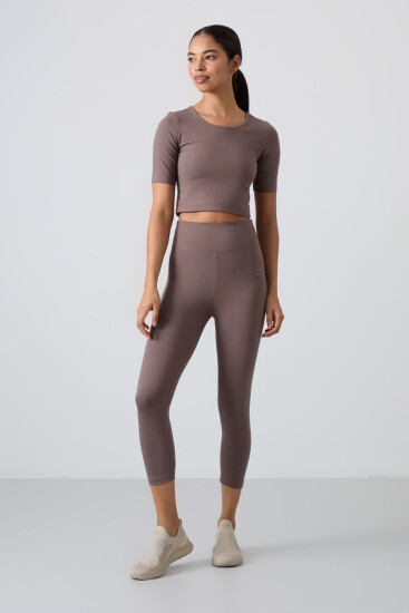 Kahverengi Yüksek Bel Kapri-Crop T-Shirt Slim Fit Kadın Tayt Takım - 95285 - TOMMYLIFE