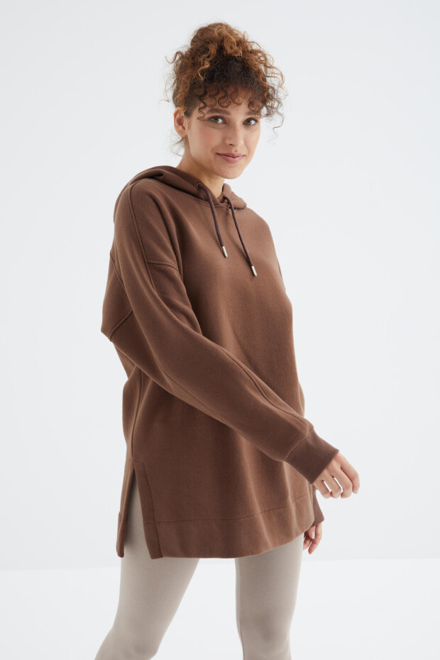 Kahverengi Reglan Kol Basic Kapüşonlu Oversize Tunik - 97242