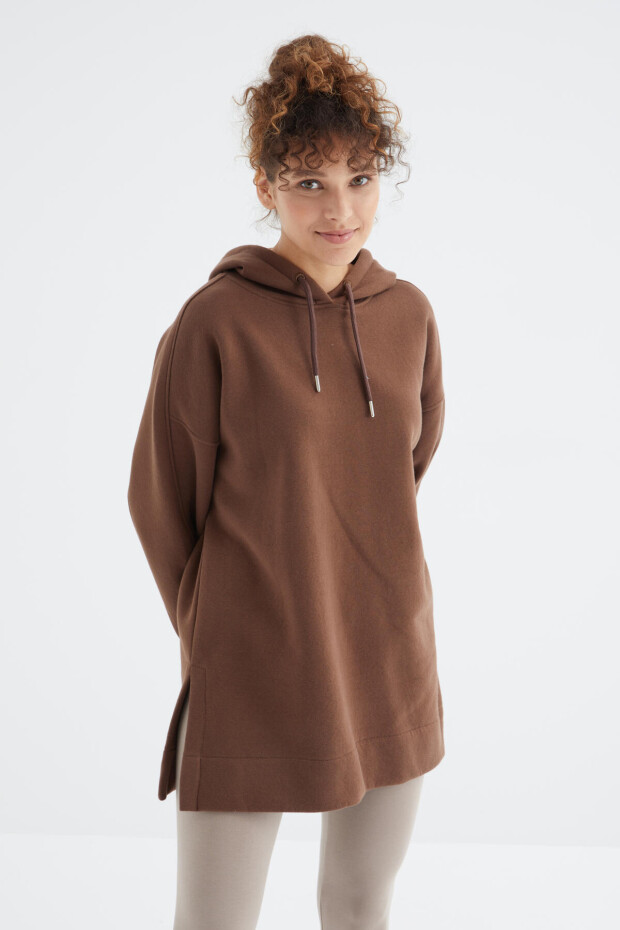 Kahverengi Reglan Kol Basic Kapüşonlu Oversize Tunik - 97242