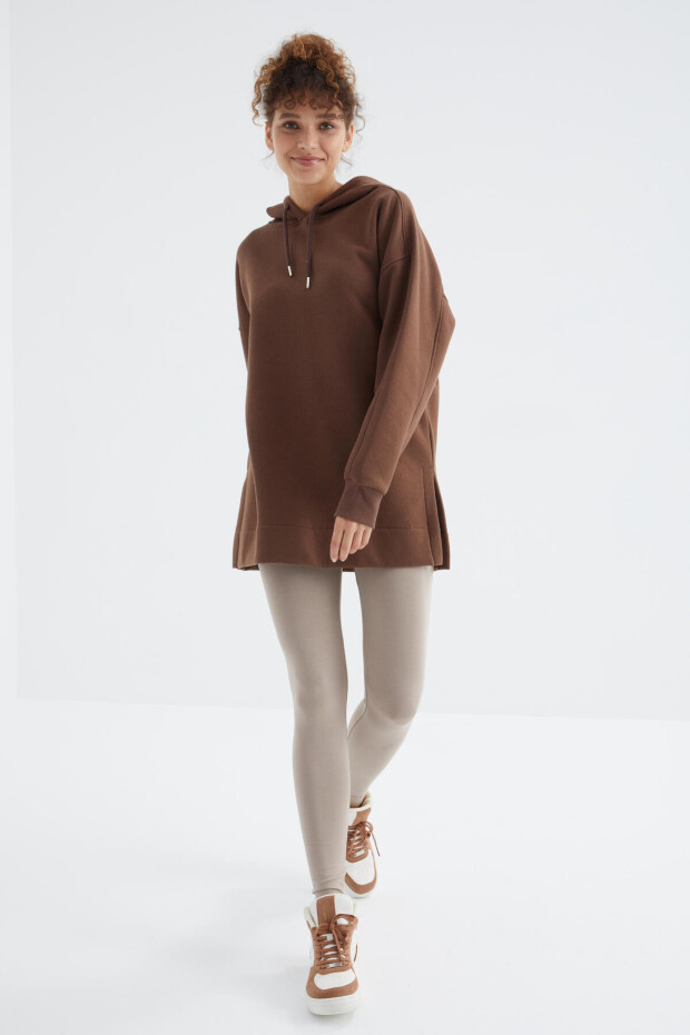 Kahverengi Reglan Kol Basic Kapüşonlu Oversize Tunik - 97242