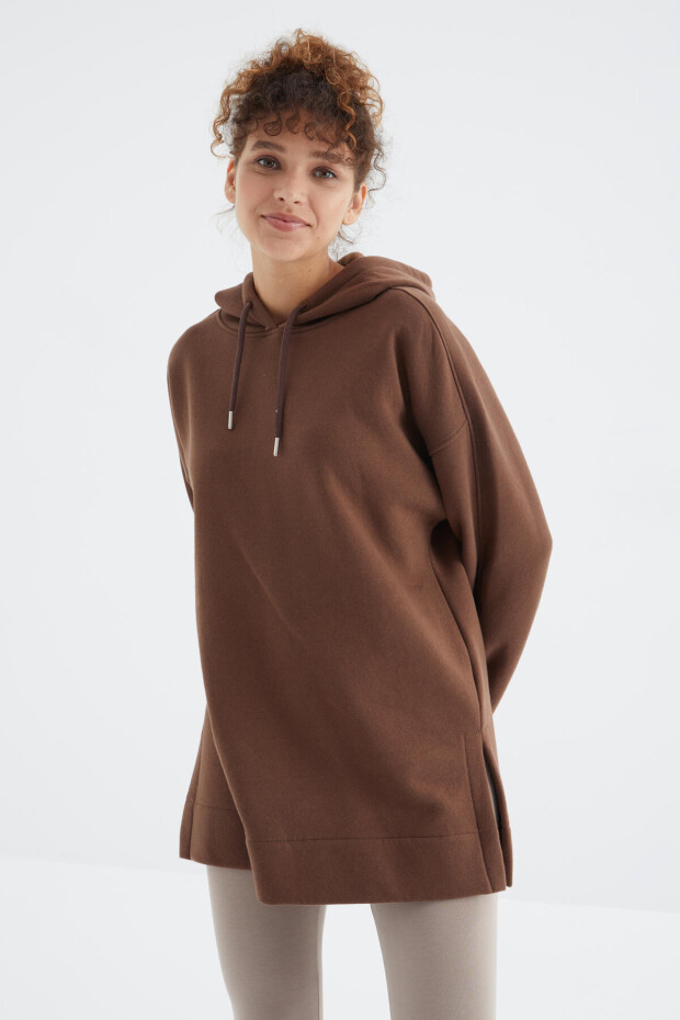 Kahverengi Reglan Kol Basic Kapüşonlu Oversize Tunik - 97242