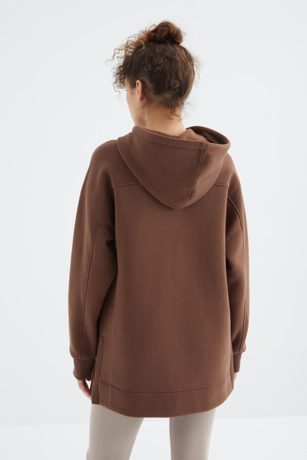 Kahverengi Reglan Kol Basic Kapüşonlu Oversize Tunik - 97242