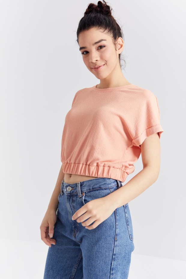 Kavun Içi Basic O Yaka Beli Lastikli Bürümcük Kumaş Kadın Crop Top T-Shirt - 97227