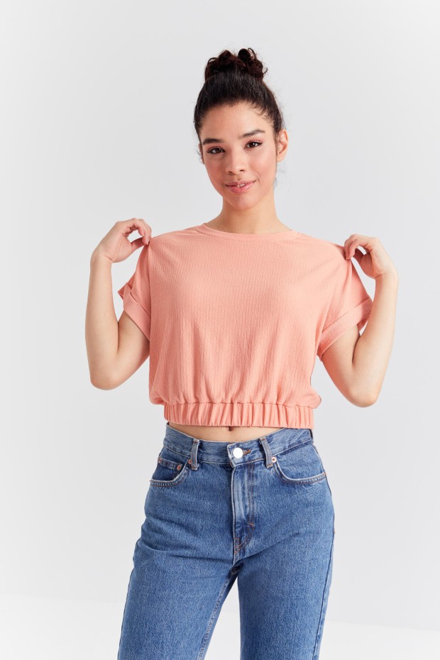 Kavun Içi Basic O Yaka Beli Lastikli Bürümcük Kumaş Kadın Crop Top T-Shirt - 97227