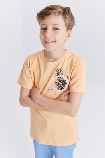 Kavun Içi Baskılı O Yaka Kısa Kollu Standart Kalıp Erkek Çocuk T-Shirt - 10867 