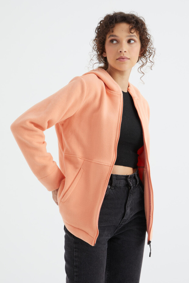 Kavun Içi Kapüşonlu Fermuarlı Rahat Form Kadın Polar Sweatshirt - 97233 - 4