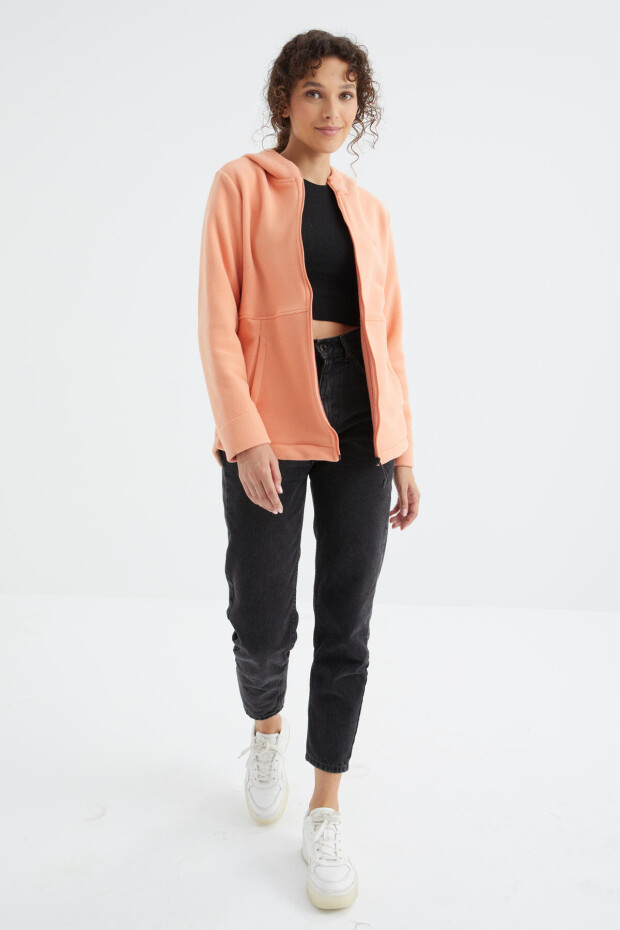 Kavun Içi Kapüşonlu Fermuarlı Rahat Form Kadın Polar Sweatshirt - 97233 - 7