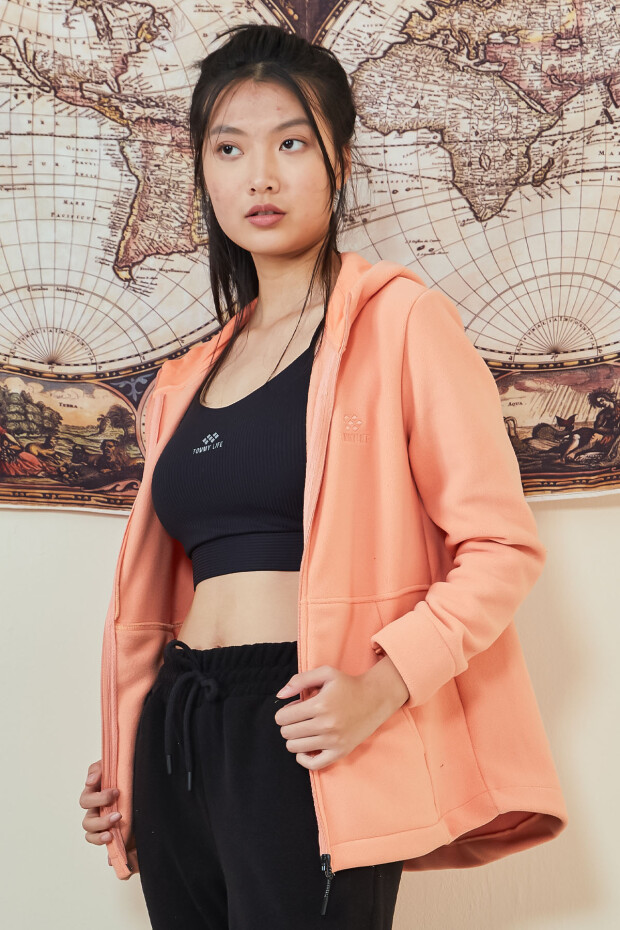 Kavun Içi Kapüşonlu Fermuarlı Rahat Form Kadın Polar Sweatshirt - 97233 - 2