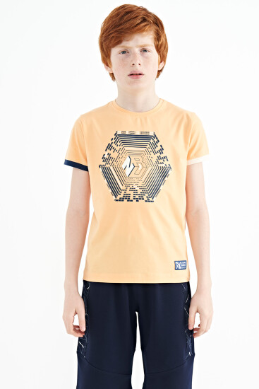 Kavun Içi Kol Ucu Renkli Detaylı Baskılı Standart Kalıp Erkek Çocuk T-Shirt - 11156 