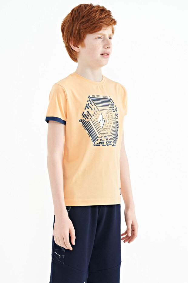 Kavun Içi Kol Ucu Renkli Detaylı Baskılı Standart Kalıp Erkek Çocuk T-Shirt - 11156