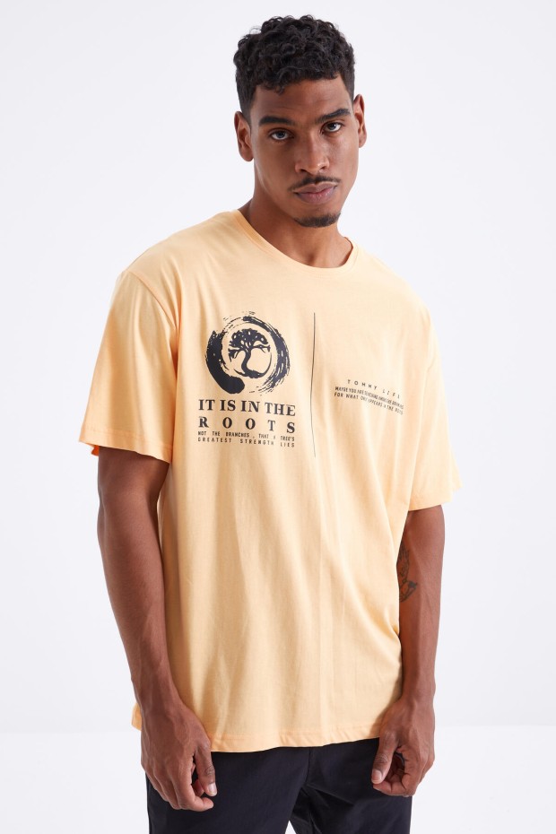 Kavun İçi Minimal Baskılı O Yaka Erkek Oversize T-Shirt - 88096