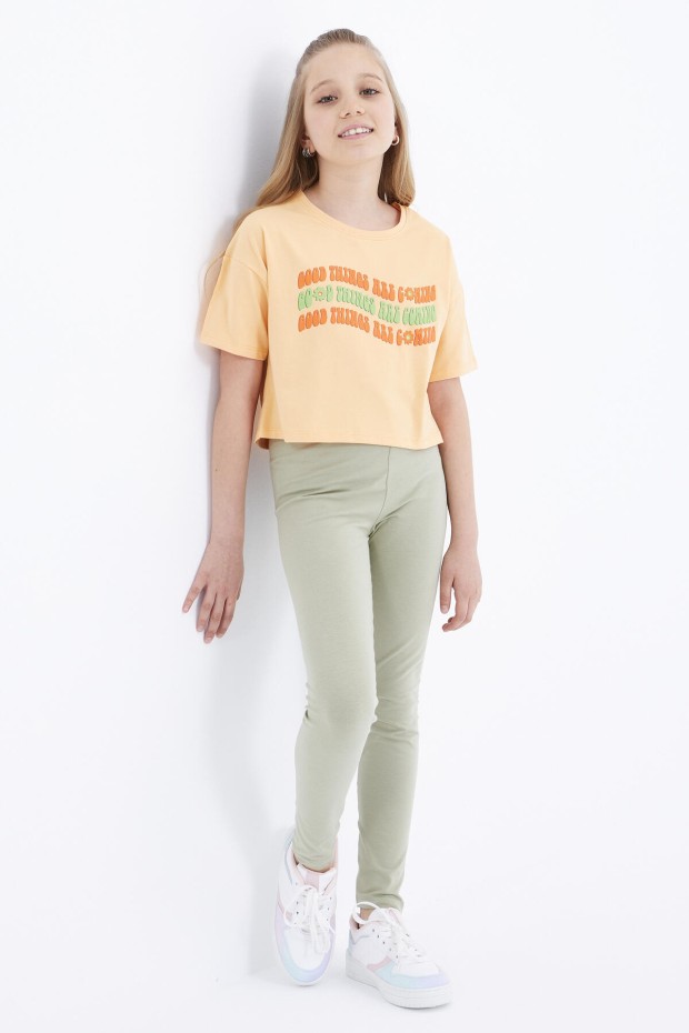 Kavun Içi Oversize Renkli Yazı Baskılı Düşük Omuz O Yaka Kız Çocuk Crop T-Shirt - 75038
