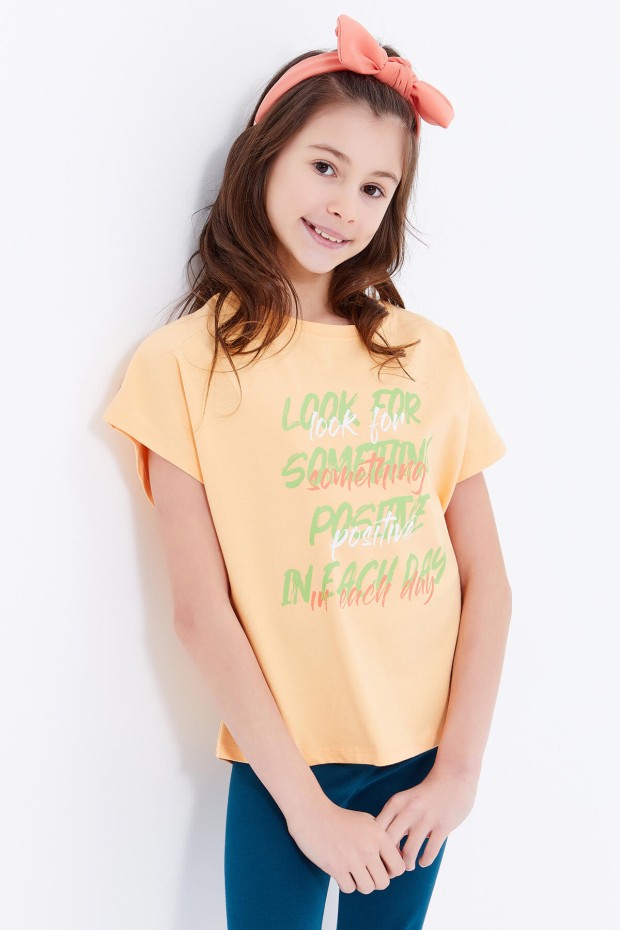 Kavun Içi Oversize Renkli Yazı Baskılı O Yaka Kız Çocuk T-Shirt - 75029