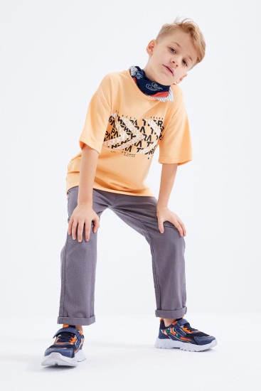 Kavun İçi Oversize Yazı Baskılı Kısa Kollu O Yaka Erkek Çocuk T-Shirt - 10930 