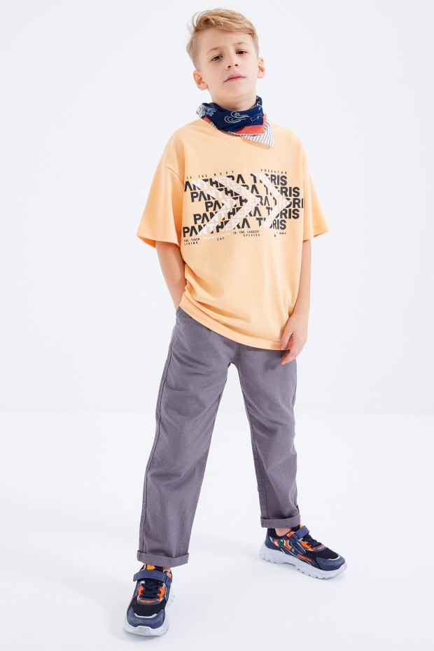 Kavun İçi Oversize Yazı Baskılı Kısa Kollu O Yaka Erkek Çocuk T-Shirt - 10930