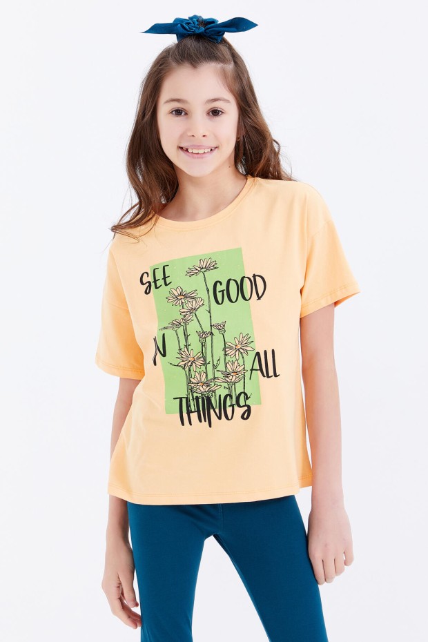 Kavun Içi Oversize Yazı Baskılı O Yaka Düşük Omuz Kız Çocuk T-Shirt - 75032
