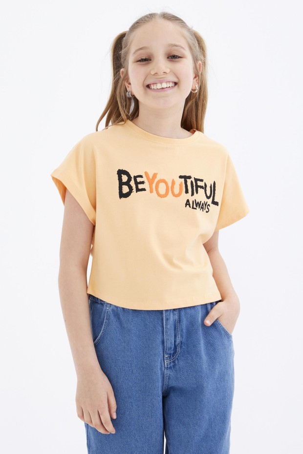 Kavun Içi Oversize Yazı Baskılı O Yaka Kız Çocuk Crop T-Shirt - 75035
