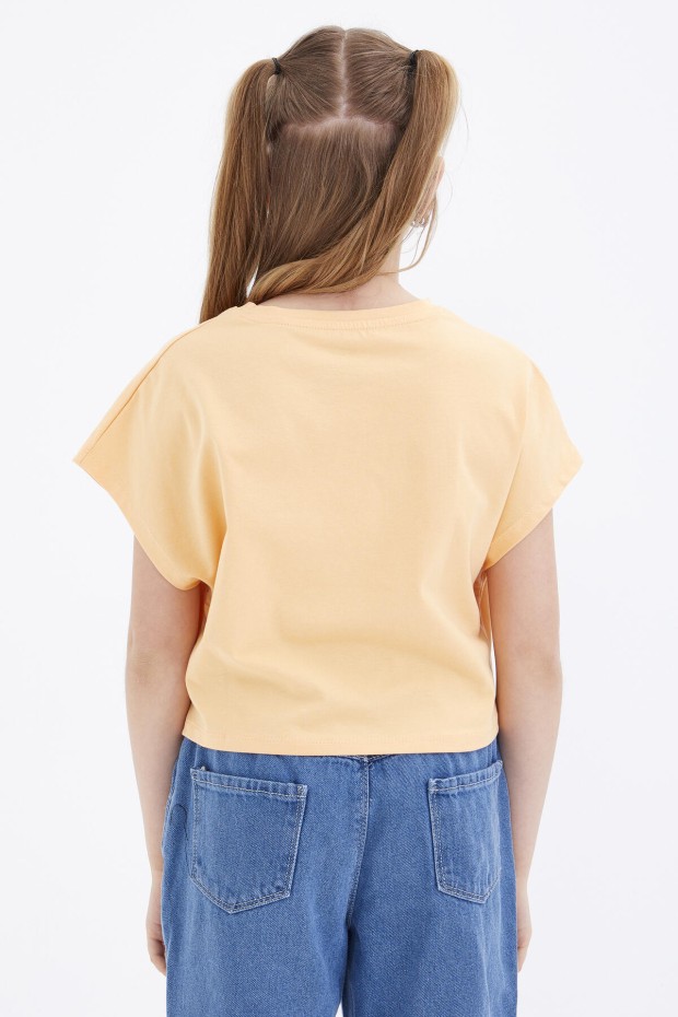 Kavun Içi Oversize Yazı Baskılı O Yaka Kız Çocuk Crop T-Shirt - 75035