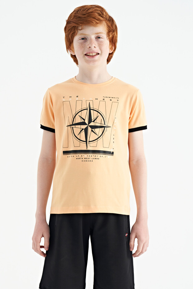 Kavun Içi Pusula Baskılı Standart Kalıp O Yaka Erkek Çocuk T-Shirt - 11106