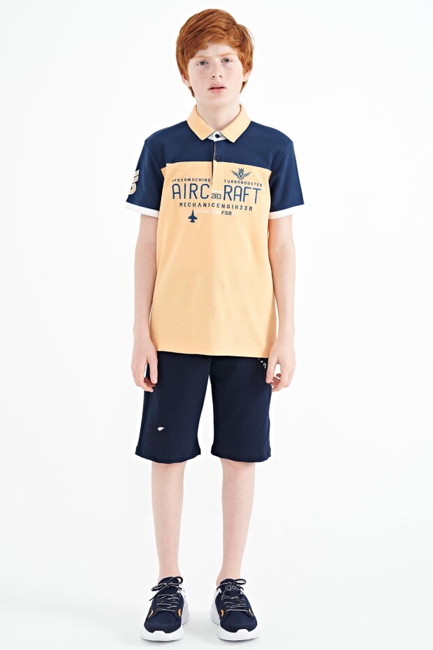 Kavun Içi Renk Bloklu Yazı Nakışlı Standart Kalıp Polo Yaka Erkek Çocuk T-Shirt - 11087