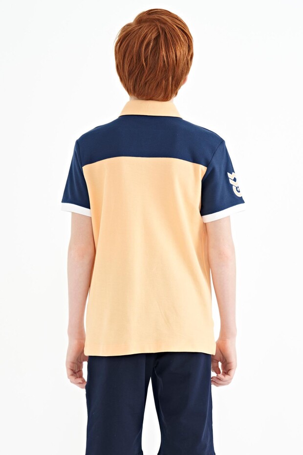 Kavun Içi Renk Bloklu Yazı Nakışlı Standart Kalıp Polo Yaka Erkek Çocuk T-Shirt - 11087