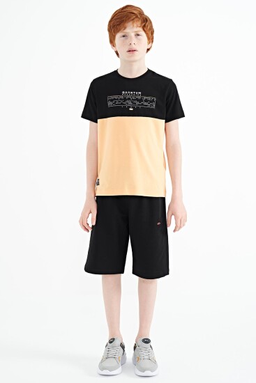 Kavun Içi Yazı Baskılı Renk Bloklu Standart Kalıp O Yaka Erkek Çocuk T-Shirt - 11134 