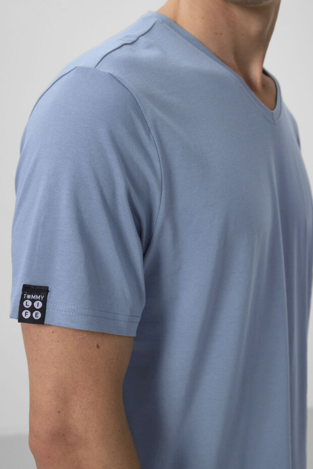 Kirli Mavi Basic Kısa Kol Standart Kalıp V Yaka Erkek T-Shirt - 87912 - 5